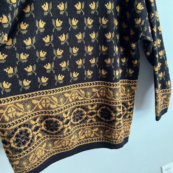 JP Collections Vintage Tulip Sweater L, Floral Knit, Black Mustard Pullover - Picture 4 of 9
